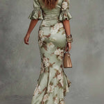 Delphine™ | Asymmetric Long Satin Dress, Puff Sleeves