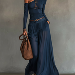 Navy Blue One-shoulder Top And Sheer Tulle Skirt Two-piece Set(with belt)