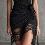 Black Chiffon Pleated Waist Lace-trimmed Mini Dress
