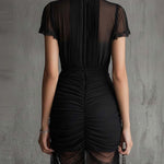 Black Chiffon Pleated Waist Lace-trimmed Mini Dress