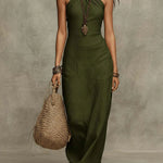 Soft Drape Halter Column Faux Linen Halter Maxi Dress