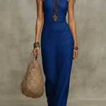Soft Drape Halter Column Faux Linen Halter Maxi Dress