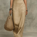 Soft Drape Halter Column Faux Linen Halter Maxi Dress
