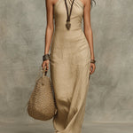 Soft Drape Halter Column Faux Linen Halter Maxi Dress