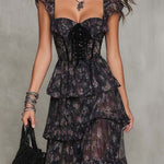 Gothic Floral Corset Tiered Chiffon Maxi Dress