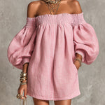 Pink Off-shoulder Lantern Sleeve A-line Loose Mini Dress