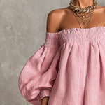 Pink Off-shoulder Lantern Sleeve A-line Loose Mini Dress