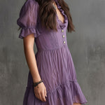 Purple Puff-sleeved Ruffled Button-down Chiffon Mini Dress