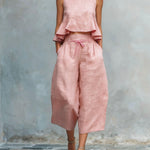 Solid Color Faux Linen Ruffled Wide-leg Capri Pants Suit