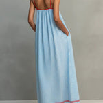 Blue And Red Trim Striped Maxi Dress With Spaghetti Straps