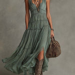Sage Green Pleated Chiffon V-neck Flowing Maxi Dress