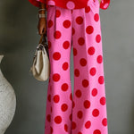 Retro Pink Polka Dot Off-shoulder Top And Wide-leg Pants Two-piece Set