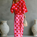 Retro Pink Polka Dot Off-shoulder Top And Wide-leg Pants Two-piece Set