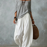 White Off-the-shoulder Top And Loose-fitting Lantern Pants Set