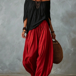 White Off-the-shoulder Top And Loose-fitting Lantern Pants Set