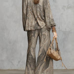 Grey Paisley Patterned Lantern Sleeve Top And Wide-leg Trousers Suit