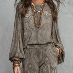 Grey Paisley Patterned Lantern Sleeve Top And Wide-leg Trousers Suit