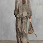 Grey Paisley Patterned Lantern Sleeve Top And Wide-leg Trousers Suit
