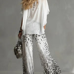 Flowy White T-shirt And Leopard Print Chiffon Pants Set