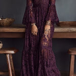 Purple Lace V-neck Ruched Bell sleeve Sheer Maxi Dress