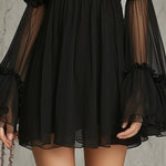 Black Sheer Floral Appliqué High Neck Pleated Chiffon Mini Dress