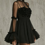 Black Sheer Floral Appliqué High Neck Pleated Chiffon Mini Dress