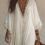 White Lace V-neck Batwing Sleeve Chiffon Maxi Dress