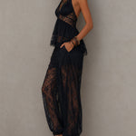 Black Backless Lace-trimmed Tank Top And Harem Pants Set