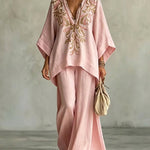 Light Pink Embroidered Batwing Sleeve Shirt And Wide-leg Pants Two-piece Set