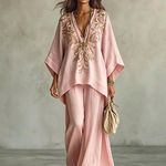 Light Pink Embroidered Batwing Sleeve Shirt And Wide-leg Pants Two-piece Set