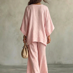 Light Pink Embroidered Batwing Sleeve Shirt And Wide-leg Pants Two-piece Set