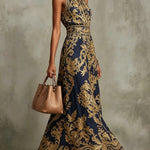Navy Blue And Gold Baroque Print Halter Neck Sleeveless Maxi Dress