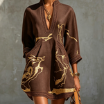 Black Gold Printed V-neck Crochet Lace Mini Dress