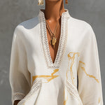Ivory Gold Printed V-neck Crochet Lace Mini Dress
