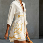 Ivory Gold Printed V-neck Crochet Lace Mini Dress