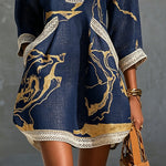 Navy Gold Printed V-neck Crochet Lace Mini Dress