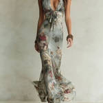 Retro Floral Print Halter Neck Fishtail Maxi Dress