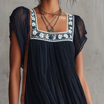 Navy Blue Floral Embroidered Pleated Chiffon Mini Dress