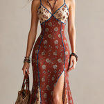 Rust-red Floral Print Chiffon High-slit Spaghetti Strap Maxi Dress
