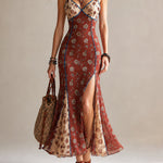 Rust-red Floral Print Chiffon High-slit Spaghetti Strap Maxi Dress