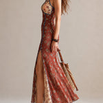 Rust-red Floral Print Chiffon High-slit Spaghetti Strap Maxi Dress