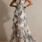 Romantic Vacation Blue And White Floral Print Halter Neck Ruffled Maxi Dress