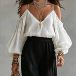 White Off-the-shoulder Tank Top And Black Wide-leg Pants Suit
