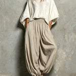 White Batwing Wide-sleeved Top And Light Khaki Harem Pants Suit