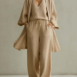 Solid Color Loose Cardigan And Drawstring Wide-leg Trousers Three-piece Set