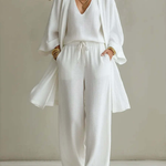 Solid Color Loose Cardigan And Drawstring Wide-leg Trousers Three-piece Set