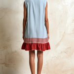 Blue Sleeveless Red Striped And Ruffled Loose Mini Dress