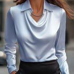 Solid Satin Floral Print Simple Swing Collar Shirt Top