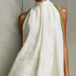 White And Olive Green Floral Sleeveless A-line Mini Dress