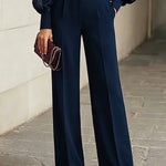 Navy Blue Ruffled Chiffon Top And Wide-leg Pants Two-piece Set